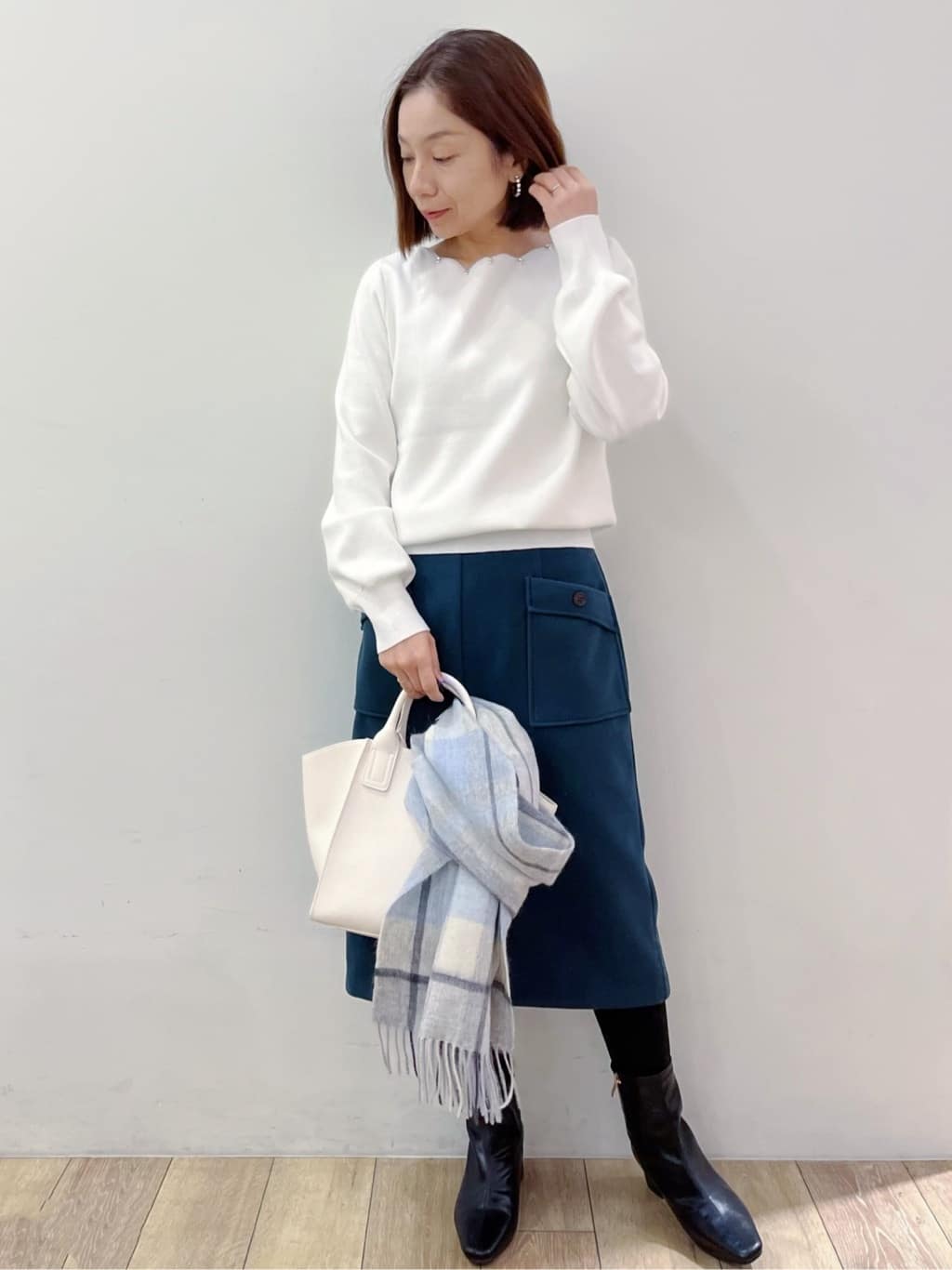 kcさんの「OPAQUE.CLIP｜ラメスカラップビジューデザインニット【洗濯機OK】《6col／S～LL》」を使ったコーディネート