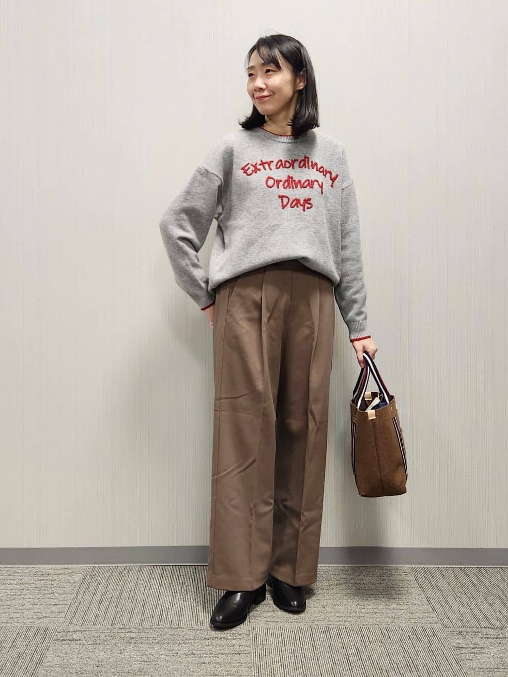 naraさんの「Dessin｜【洗える】ペイント風刺繍入り配色ラインニット」を使ったコーディネート