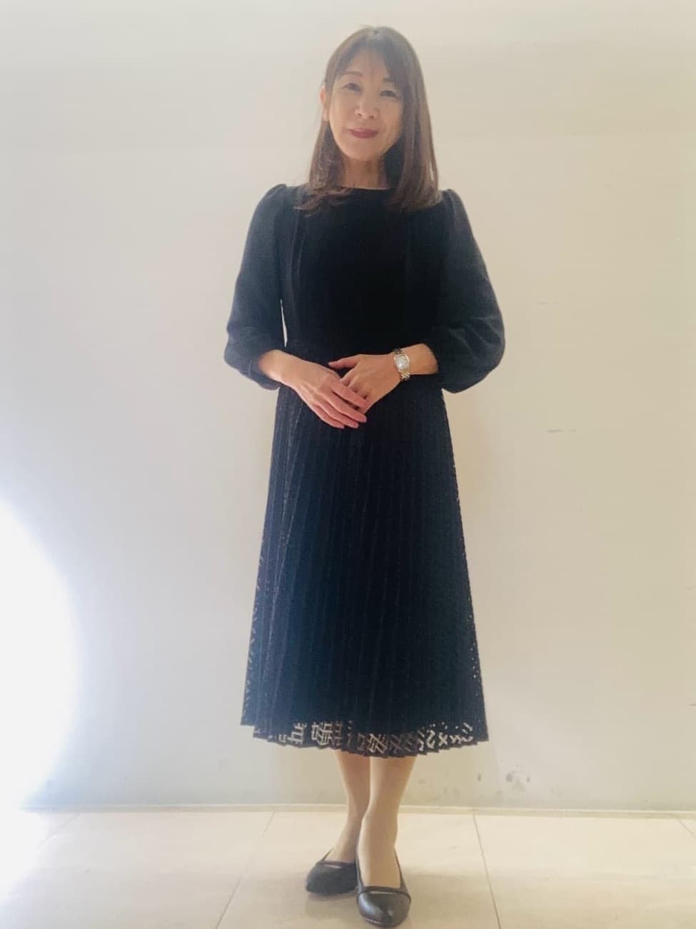 kurodaさんの「Reflect｜【SS-4Lサイズ】シフォン&times;幾何柄レースプリーツワンピース」を使ったコーディネート
