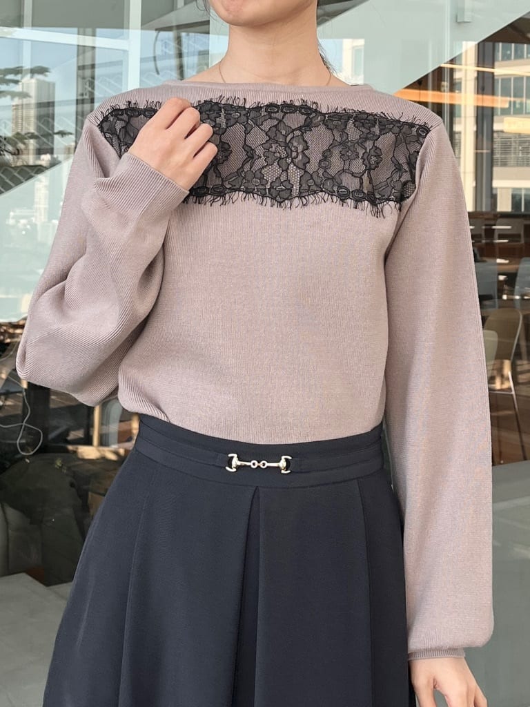 はばさんの「Couture brooch｜【洗える・通勤】レース ドッキング ニット」を使ったコーディネート
