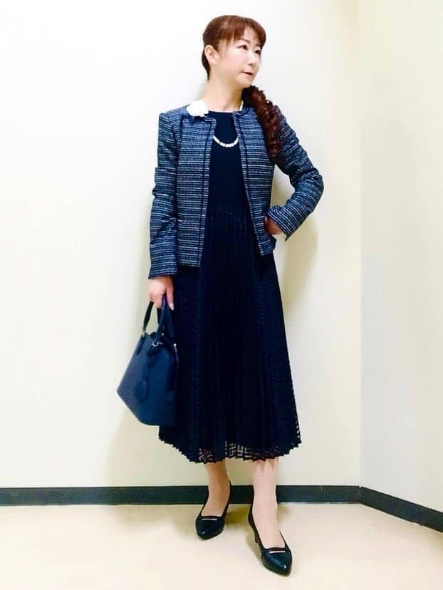 花さんの「Reflect｜【SS-4Lサイズ】シフォン&times;幾何柄レースプリーツワンピース」を使ったコーディネート