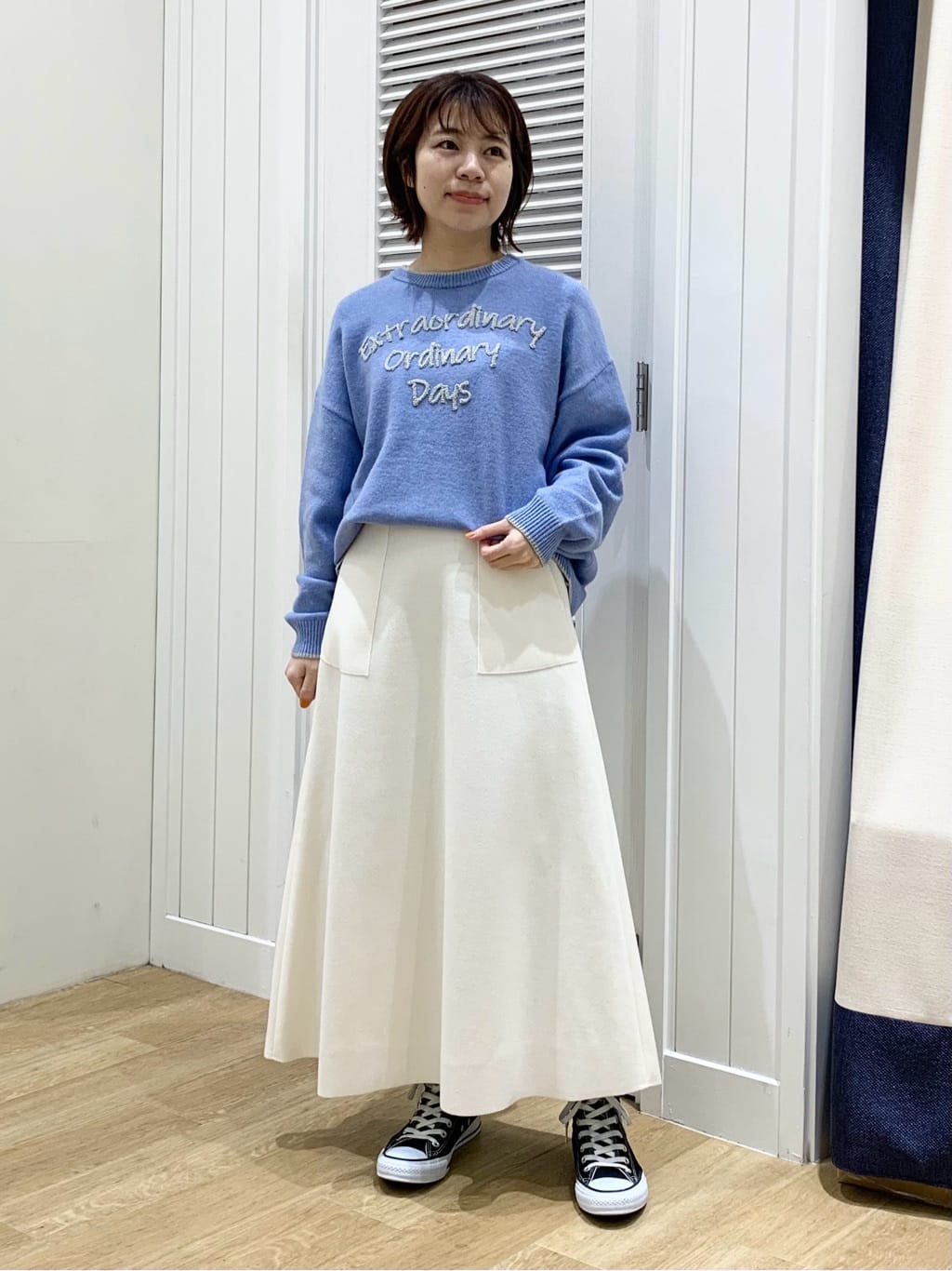 IMARIさんの「Dessin｜【洗える】ペイント風刺繍入り配色ラインニット」を使ったコーディネート