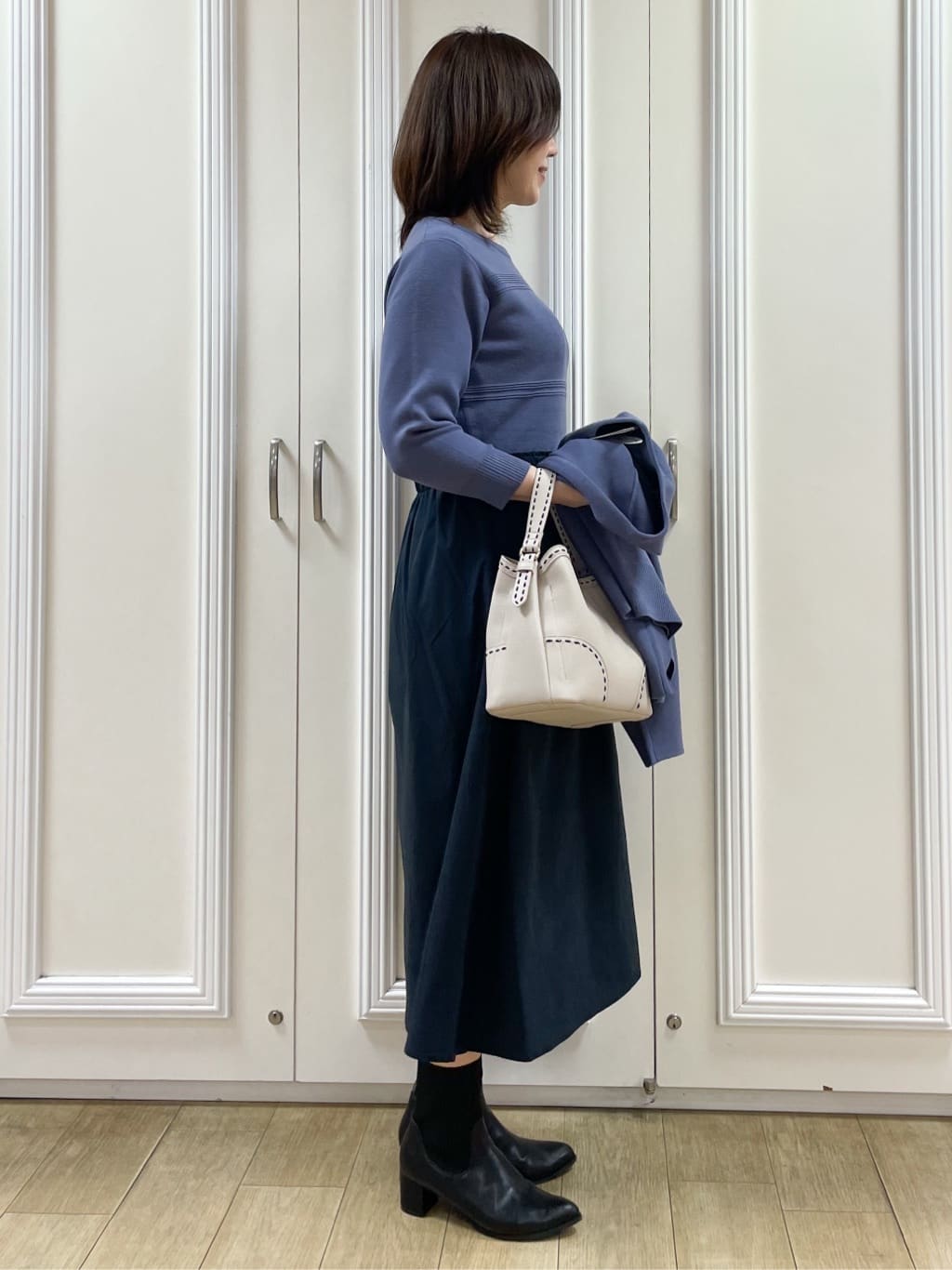 めいさんの「Reflect｜【一枚で着映える◎／セットアップ可】ニット&times;タフタドッキングワンピース」を使ったコーディネート
