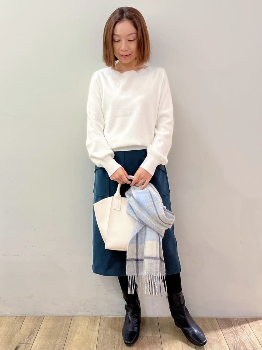 kcさんの「OPAQUE.CLIP｜ラメスカラップビジューデザインニット【洗濯機OK】《6col／S～LL》」を使ったコーディネート