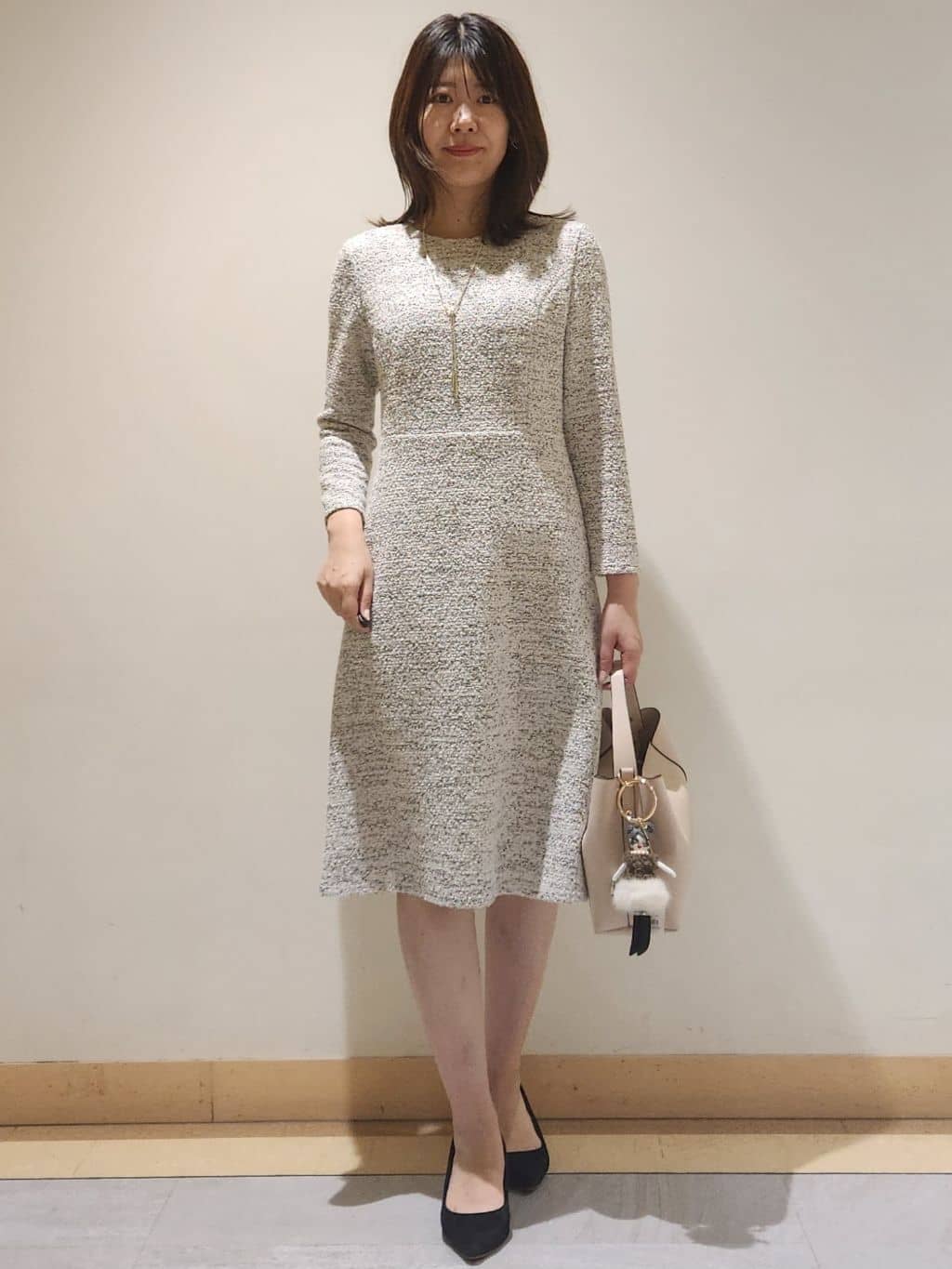 yukaさんの「COUP DE CHANCE｜【手洗い可／日本製】ツイード風ワンピース」を使ったコーディネート