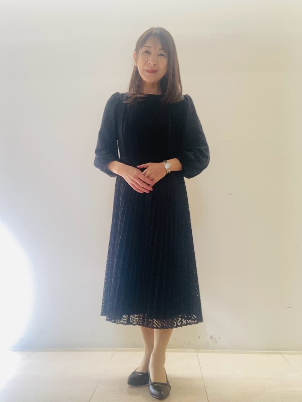 kurodaさんの「Reflect｜【SS-4Lサイズ】シフォン&times;幾何柄レースプリーツワンピース」を使ったコーディネート