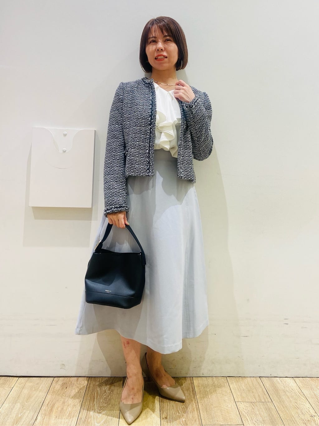 YUKOさんの「index｜《通勤／セットアップ対応》ノーカラーツイードジャケット【洗濯機OK】」を使ったコーディネート