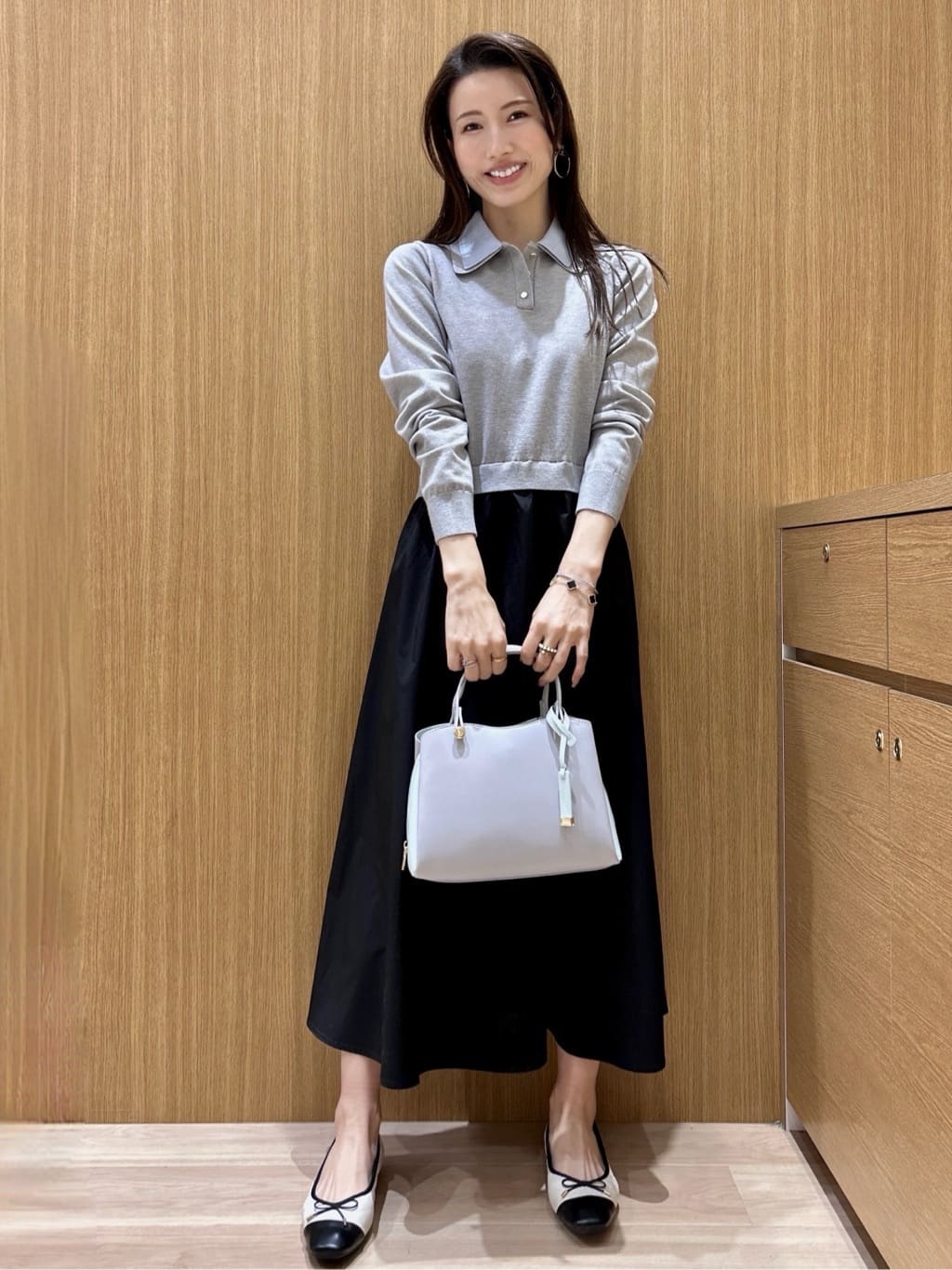 maiさんの「OPAQUE.CLIP｜ダブルポロ衿ニットドッキングワンピース【洗濯機OK】」を使ったコーディネート