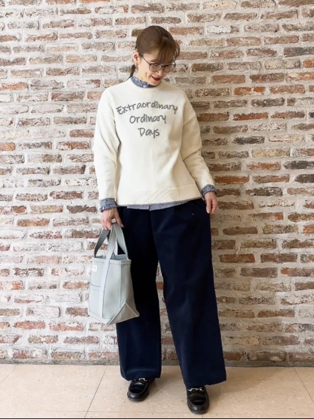 Yasucoさんの「Dessin｜【洗える】ペイント風刺繍入り配色ラインニット」を使ったコーディネート