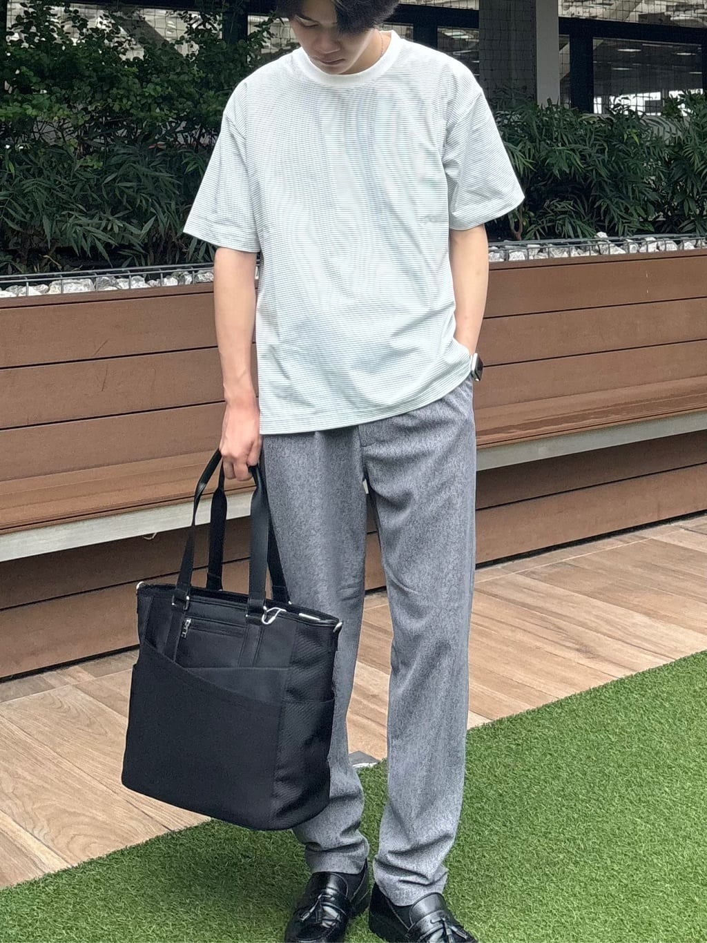 うらしーさんの「THE SHOP TK｜パーフェクテックボーダー 半袖Tシャツ 吸水速乾／洗濯機OK」を使ったコーディネート