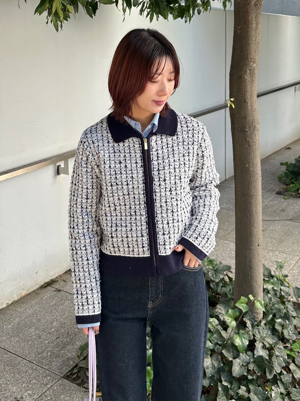 RINAさんの「OPAQUE.CLIP｜ツイードライクZIPニットカーディガン」を使ったコーディネート
