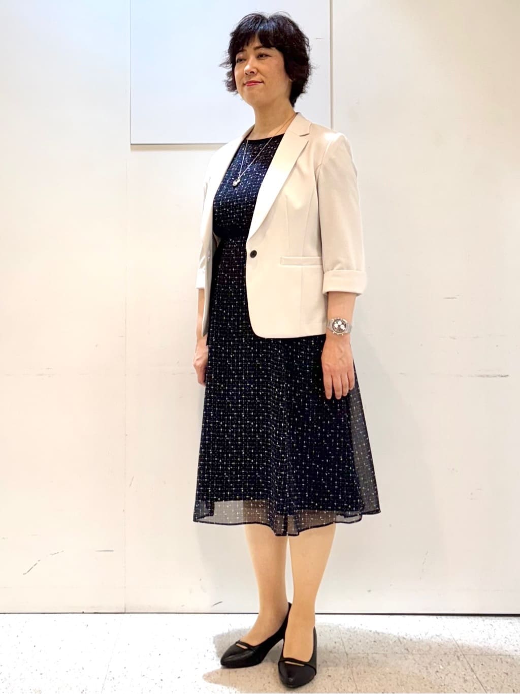 ヤスコさんの「Reflect｜【WEB先行カラーあり／マシンウォッシュ可／ナローベルト付き】オフボディツイードチェックワンピース」を使ったコーディネート