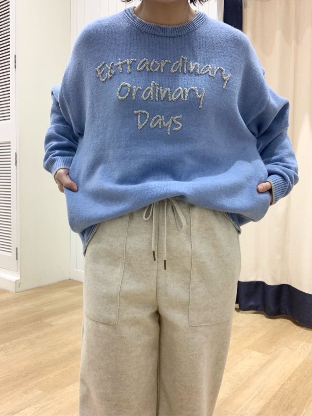 IMARIさんの「Dessin｜【洗える】ペイント風刺繍入り配色ラインニット」を使ったコーディネート