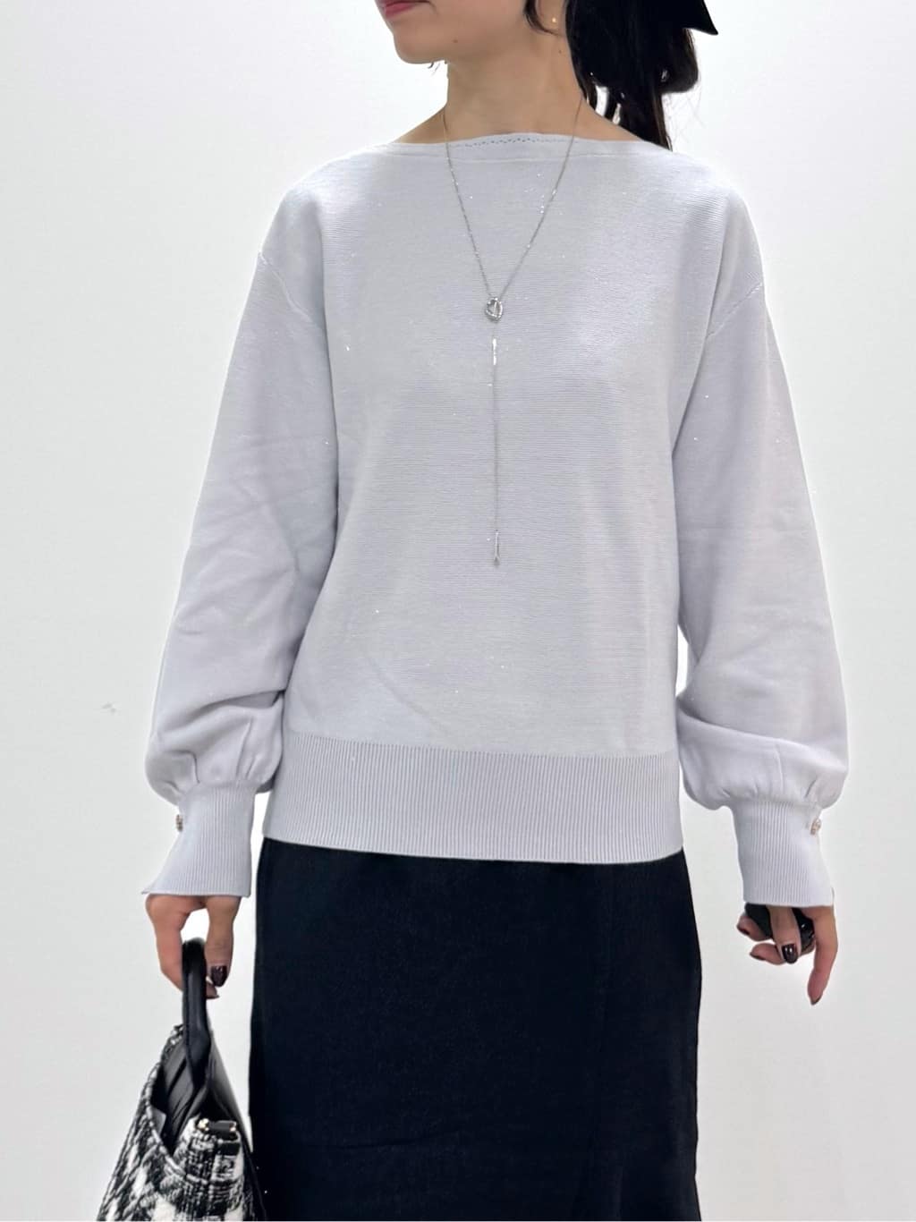 kozuさんの「index｜ラメガーター編みボートネックニット【洗濯機OK】《8col／XS～LL》」を使ったコーディネート