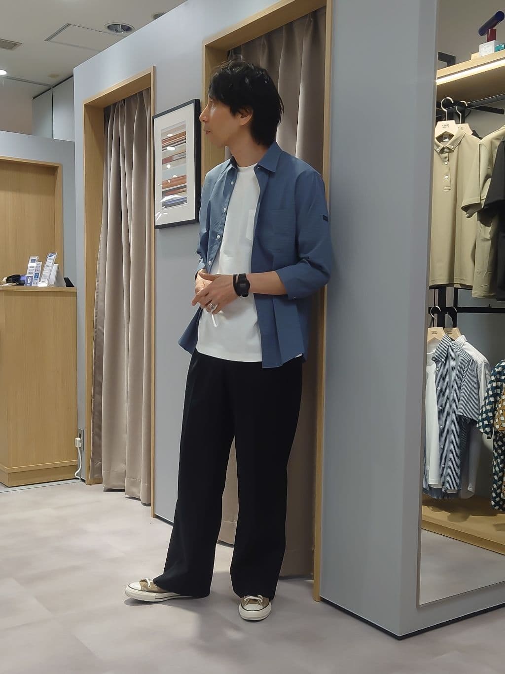 kawamuさんの「TAKEO KIKUCHI｜【COOL CITY WEAR】DotAir（R）サッカー シャツ」を使ったコーディネート
