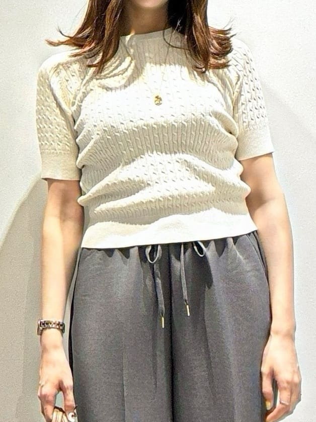 もんちゃんさんの「OPAQUE.CLIP｜ケーブルハーフスリーブニット【UVケア／洗濯機OK】《6col／S～LL》」を使ったコーディネート