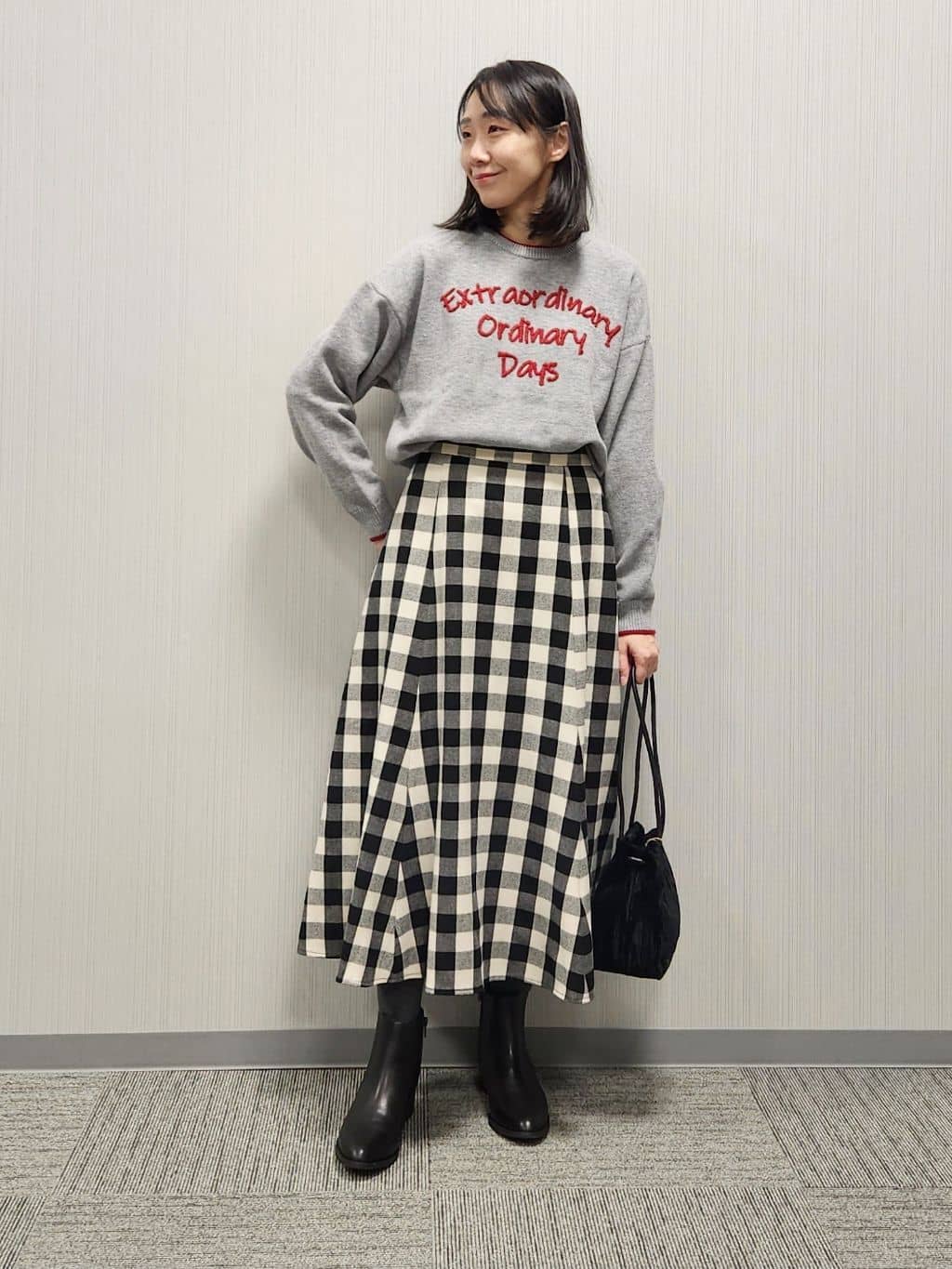 naraさんの「Dessin｜【洗える】ペイント風刺繍入り配色ラインニット」を使ったコーディネート