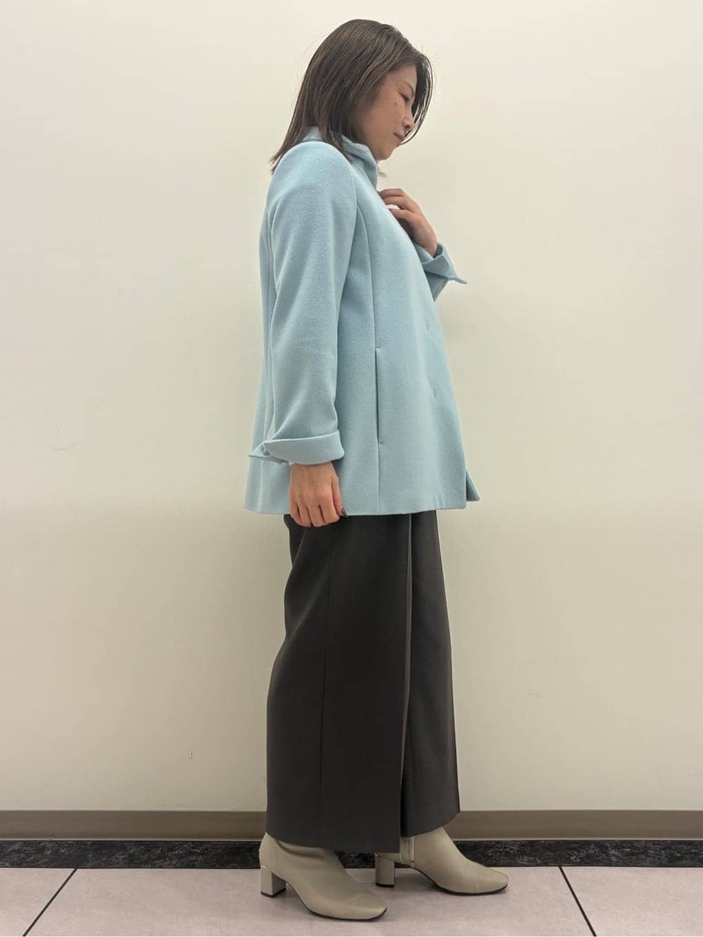 ちいさんの「Reflect｜【SS-4Lサイズ／衿が顔に当たらない◎】スタンドネックミドルコート」を使ったコーディネート