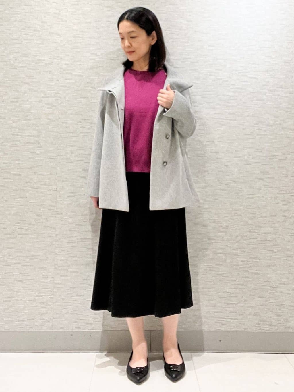marikoさんの「Reflect｜【SS-4Lサイズ／衿が顔に当たらない◎】スタンドネックミドルコート」を使ったコーディネート
