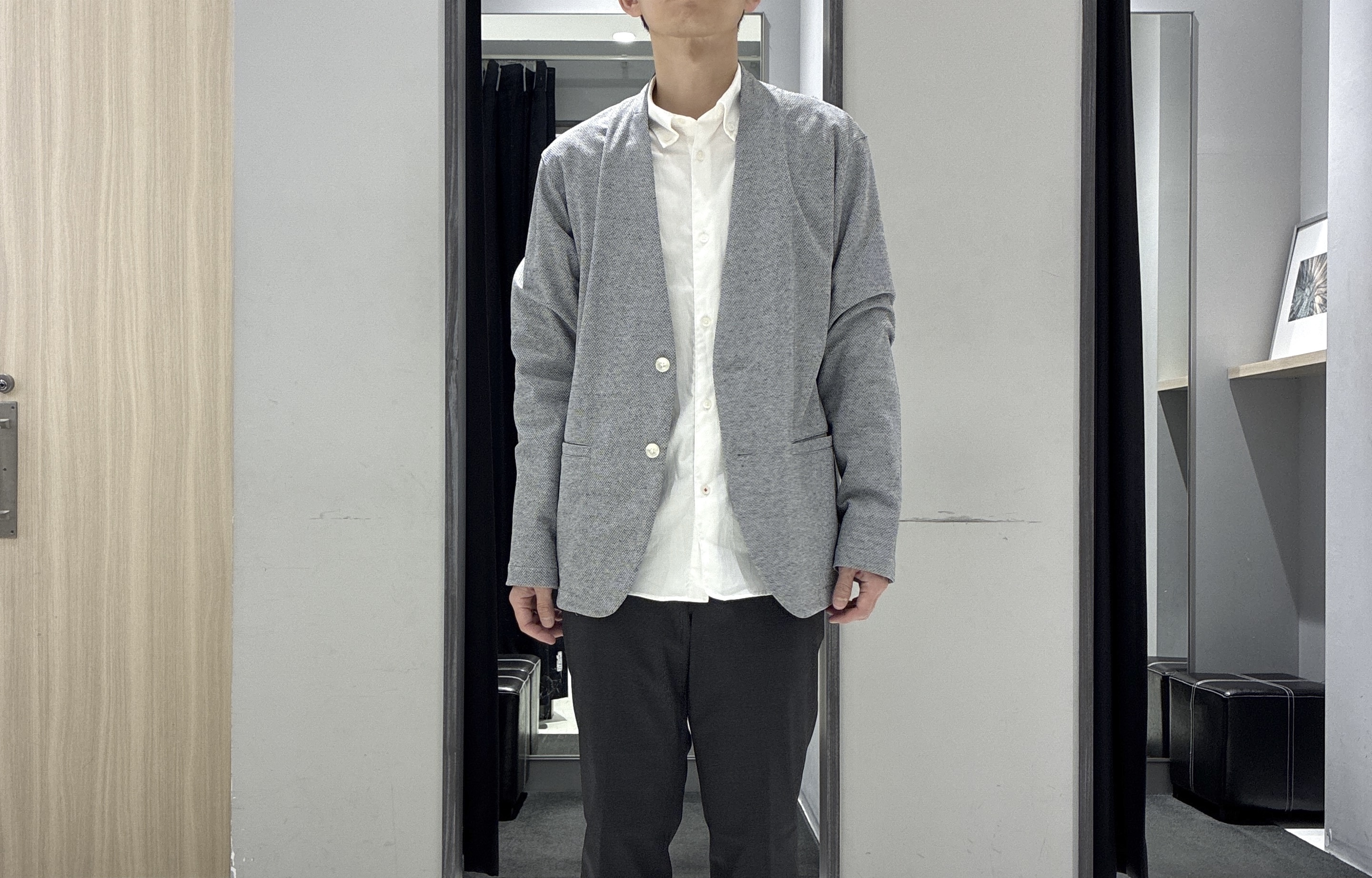 わいずみさんの「TAKEO KIKUCHI｜【抗菌防臭】バーズアイメッシュノーカラージャケット」を使ったコーディネート