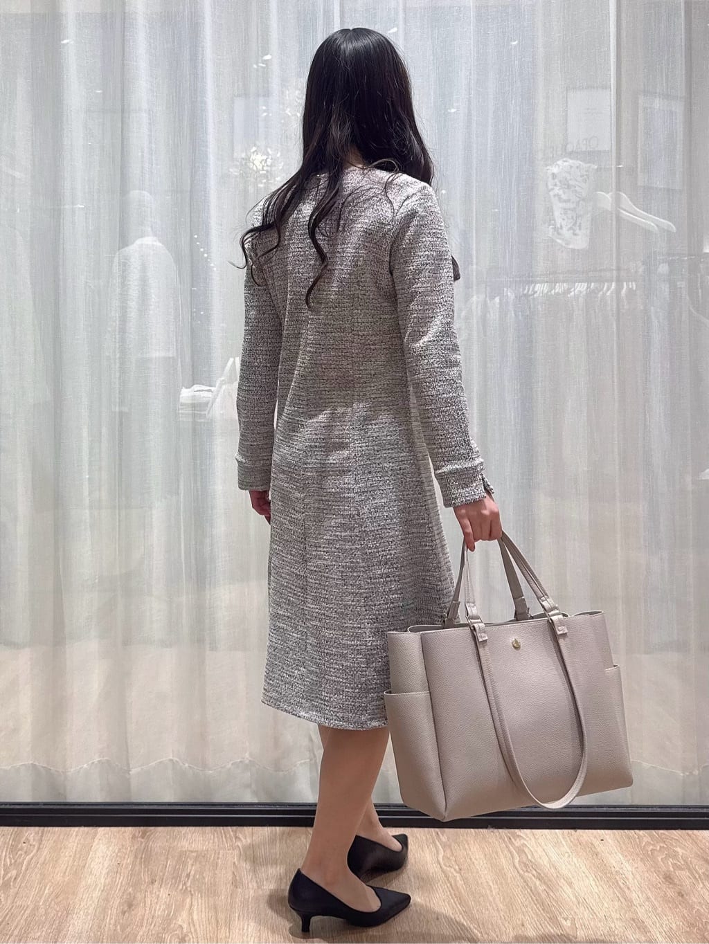 ぞうげさんの「OPAQUE.CLIP｜ミックスツイードフレアワンピース【洗える／イージーアイロン／ストレッチ】《S～3L》」を使ったコーディネート