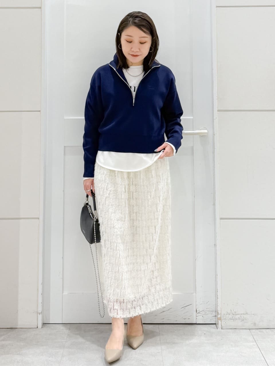 yuka.aさんの「OPAQUE.CLIP｜ハーフZIP刺繍ロゴニット【洗濯機OK】」を使ったコーディネート