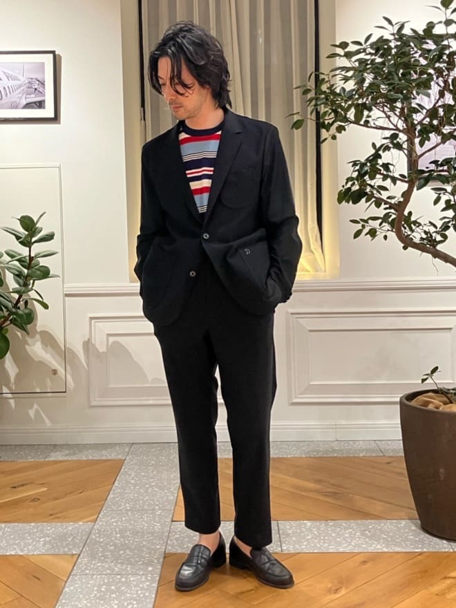 junyaさんの「DRESSTERIOR｜【ウォッシャブル】コットンシルク マルチボーダーニット」を使ったコーディネート