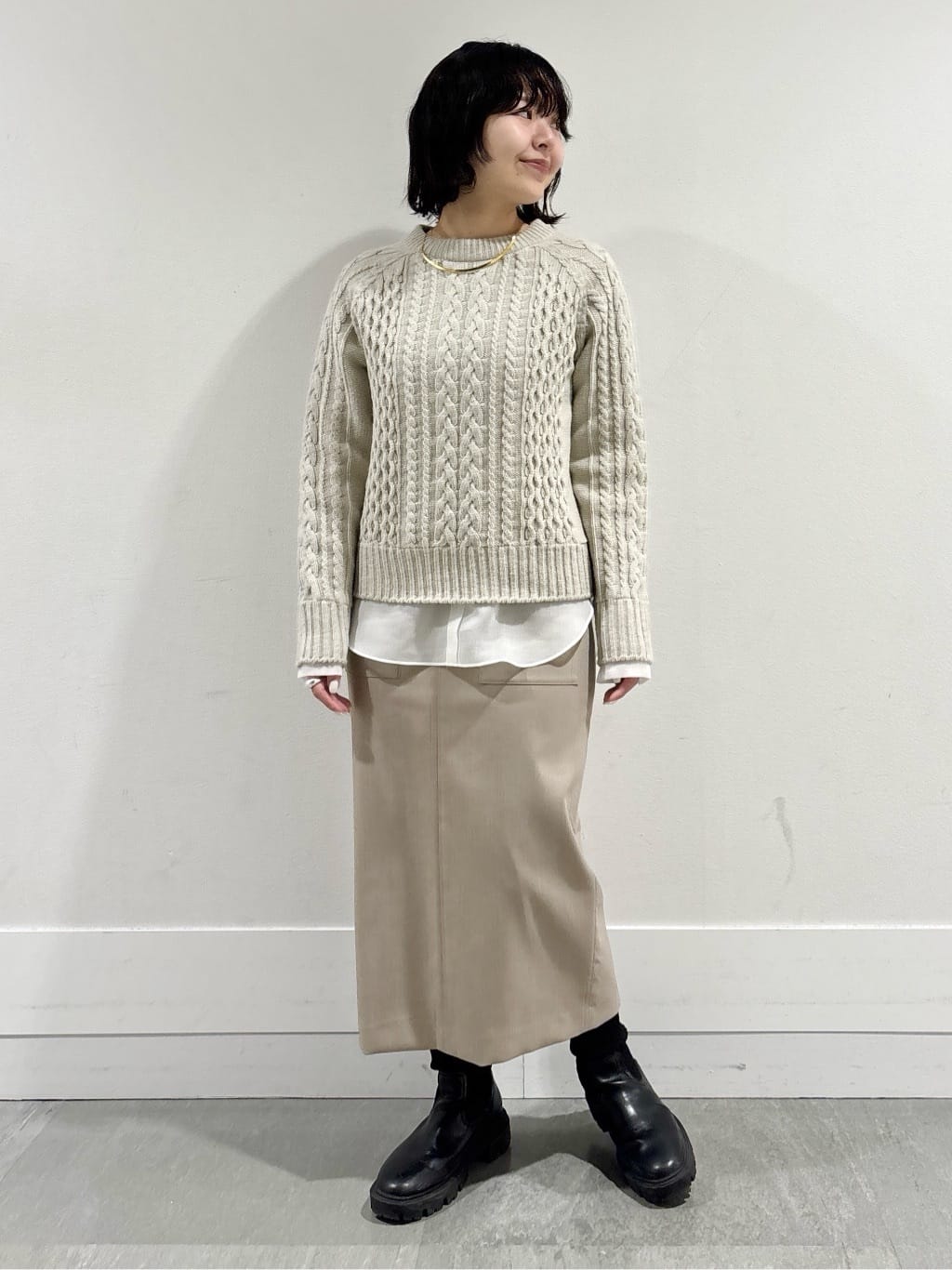 モエカさんの「UNTITLED｜【洗える】スポンディッシュ ケーブル柄ニット」を使ったコーディネート