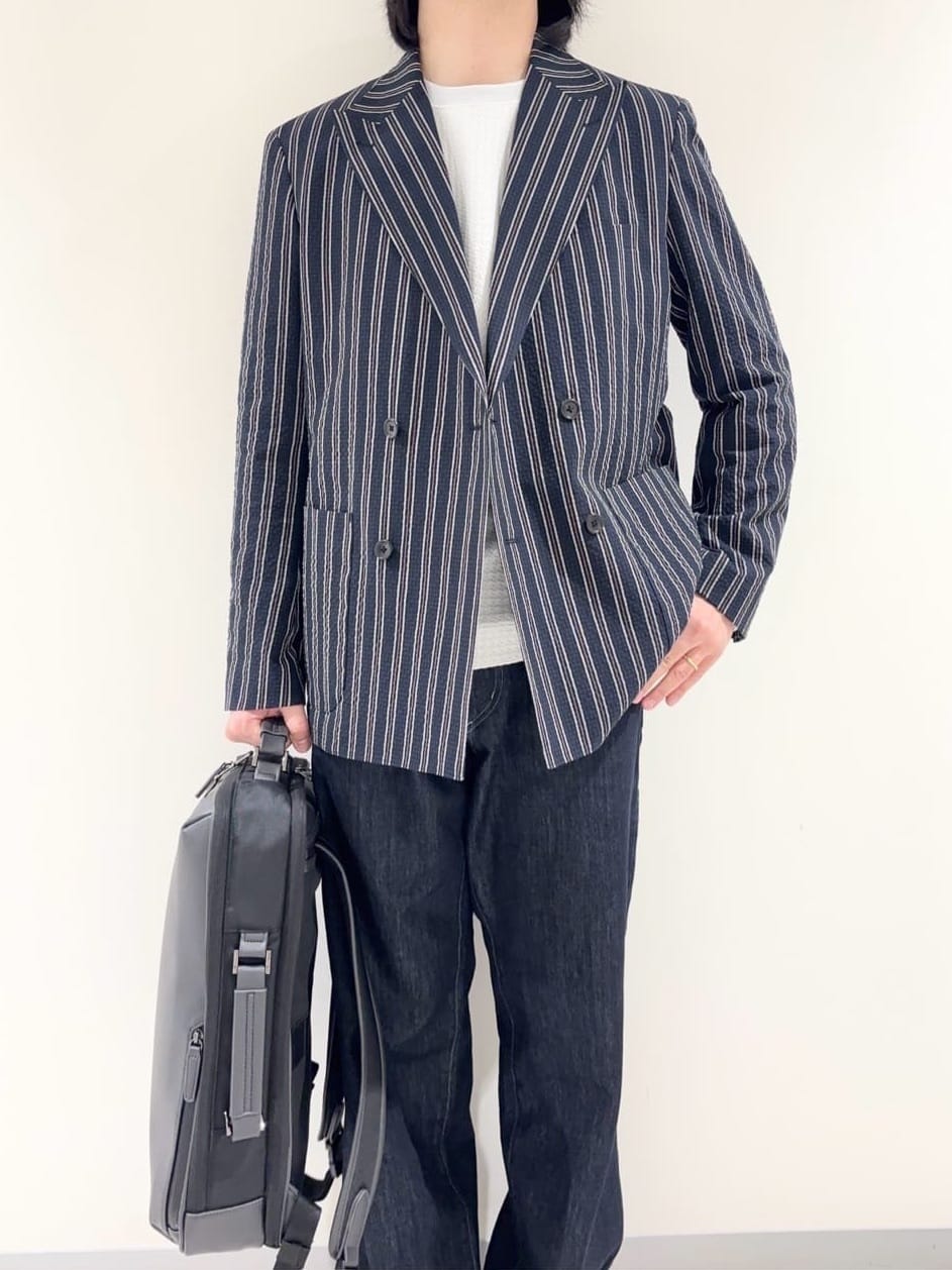 及川さんの「TAKEO KIKUCHI｜【BOWLER HAT LABEL】サッカーストライプ ダブルジャケット」を使ったコーディネート