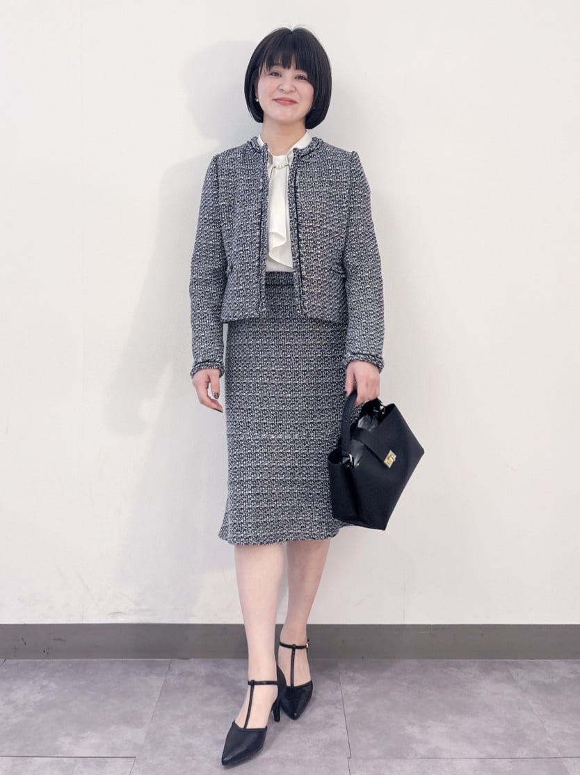 misaさんの「OPAQUE.CLIP｜《通勤／セットアップ対応》ノーカラーツイードジャケット【洗濯機OK】」を使ったコーディネート