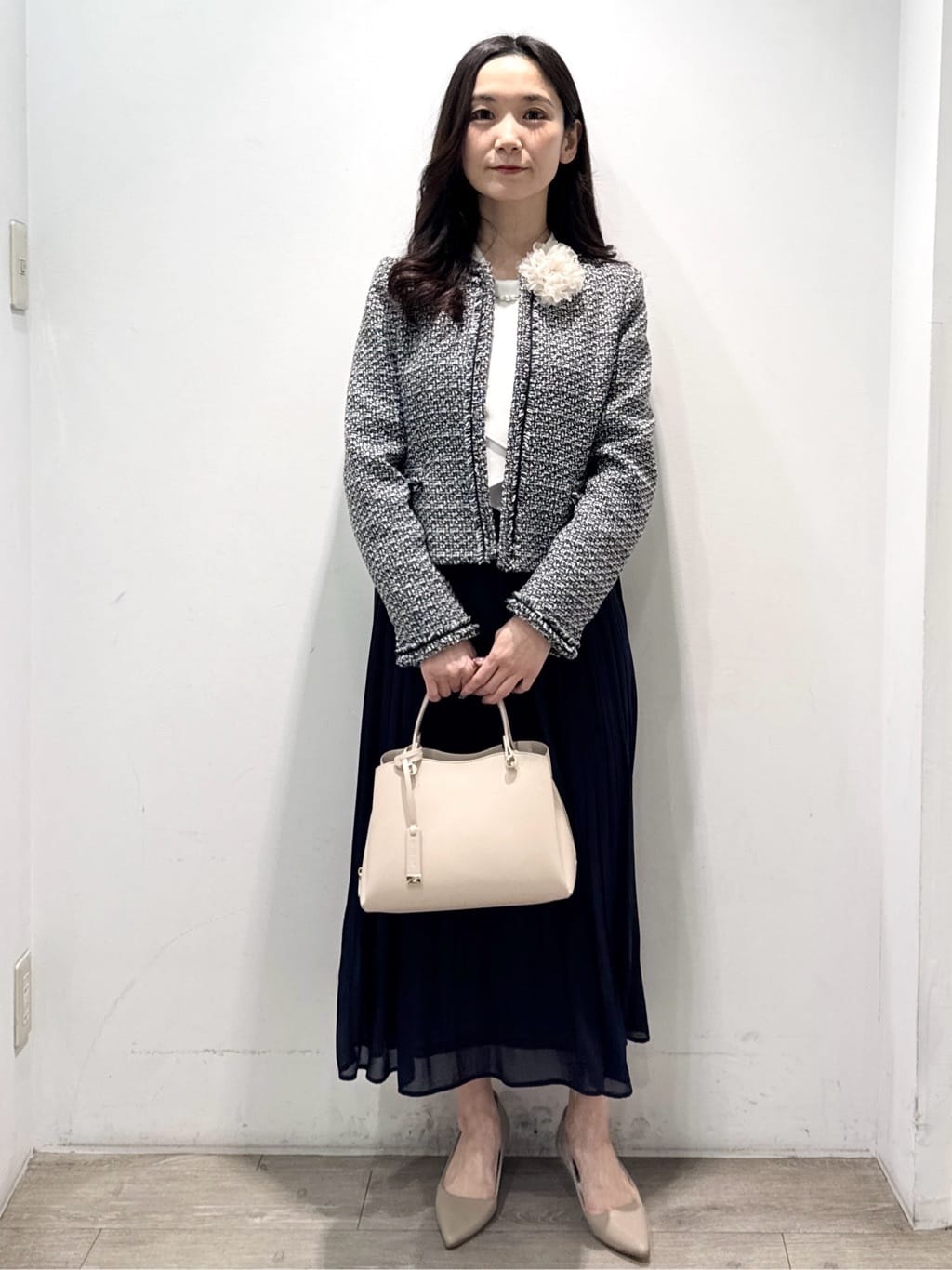 yuicciさんの「OPAQUE.CLIP｜《通勤／セットアップ対応》ノーカラーツイードジャケット【洗濯機OK】」を使ったコーディネート