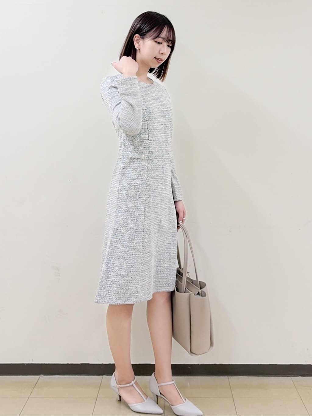 yurinaさんの「index｜ミックスツイードフレアワンピース【洗える／イージーアイロン／ストレッチ】《S～3L》」を使ったコーディネート