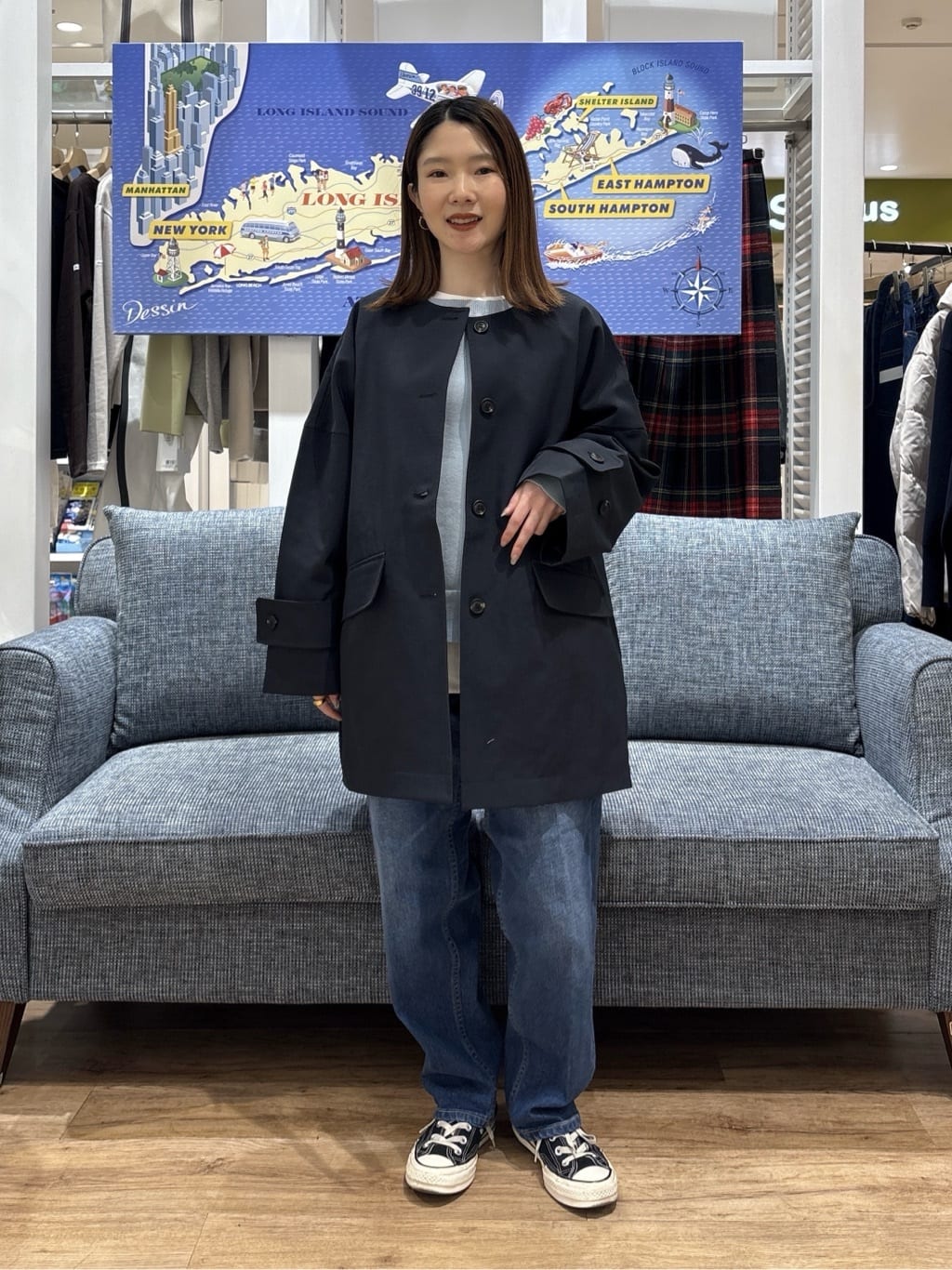 risaさんの「Dessin｜【花粉ガード/撥水加工/洗える】クルーネックスプリングコート」を使ったコーディネート