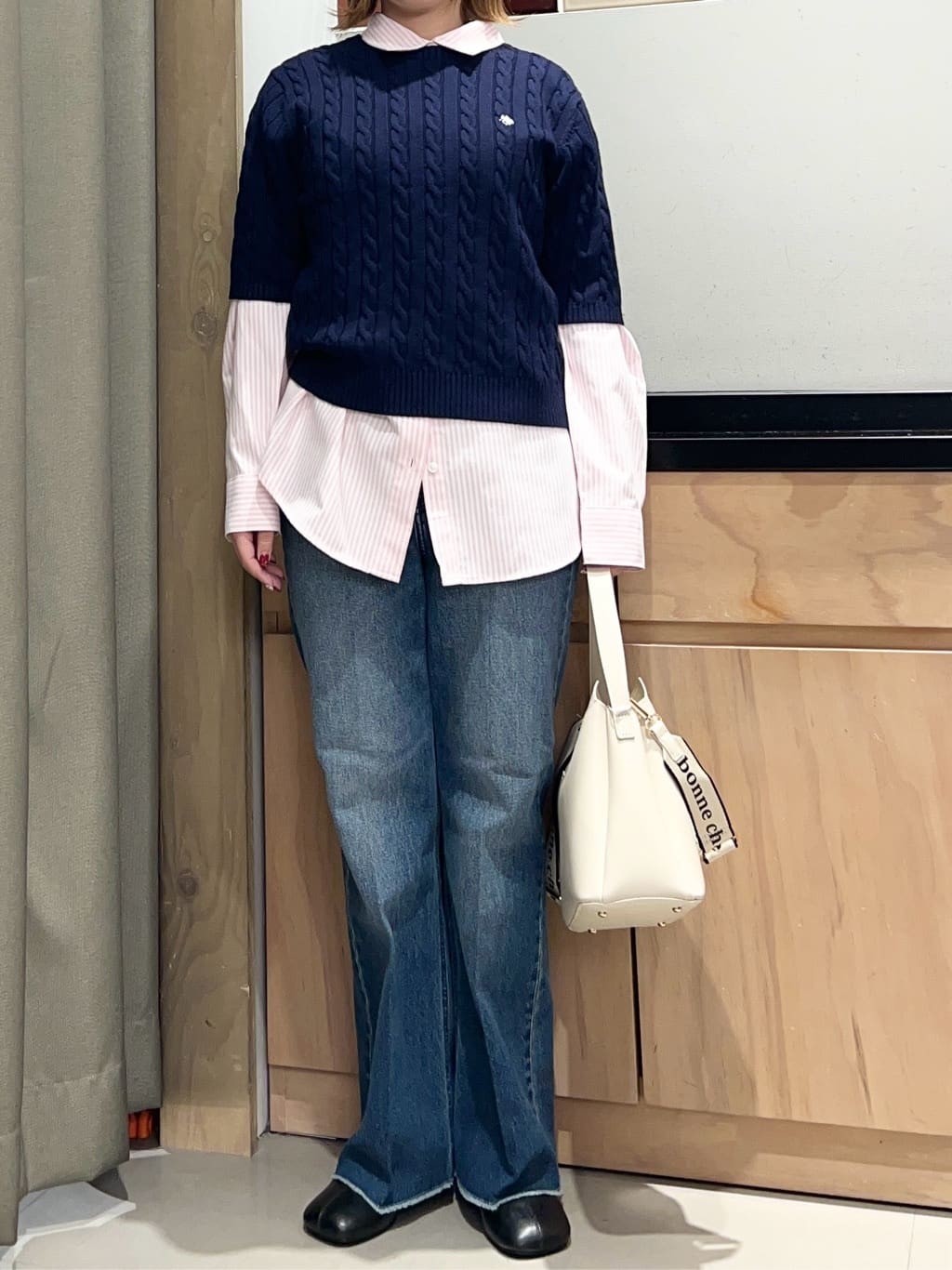 かのさんの「THE SHOP TK｜【POLO BCS 別注】5分袖ケーブルニット」を使ったコーディネート