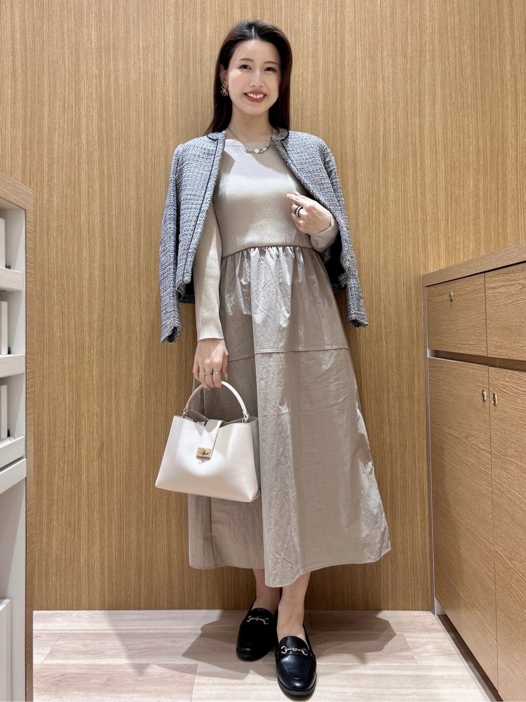 maiさんの「OPAQUE.CLIP｜リブニットドッキングワンピース【洗濯機OK】」を使ったコーディネート