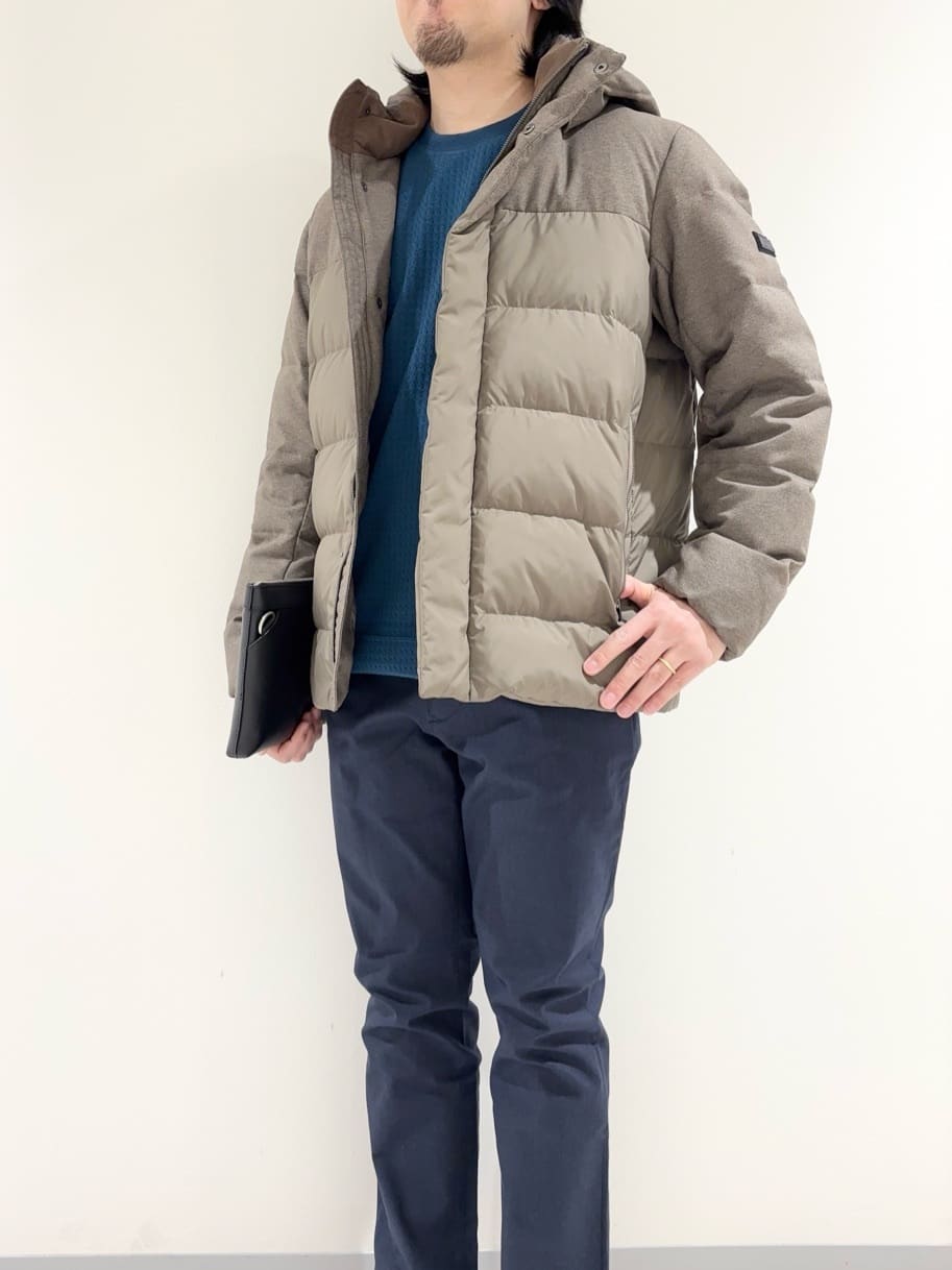 及川さんの「TAKEO KIKUCHI｜カラーコンビ ダウンブルゾン」を使ったコーディネート