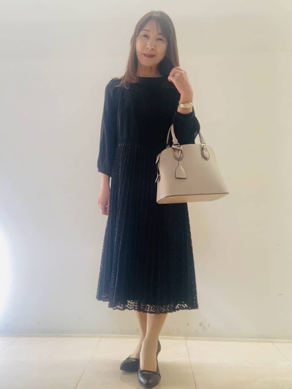 kurodaさんの「Reflect｜【SS-4Lサイズ】シフォン&times;幾何柄レースプリーツワンピース」を使ったコーディネート