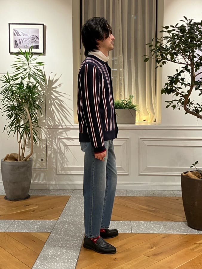 junyaさんの「DRESSTERIOR｜◆【ウォッシャブル】ウールレーヨン ストライプラウンドネックカーディガン」を使ったコーディネート