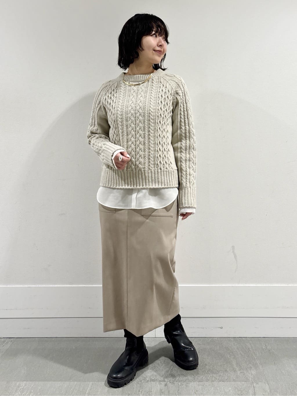 モエカさんの「UNTITLED｜【洗える】スポンディッシュ ケーブル柄ニット」を使ったコーディネート