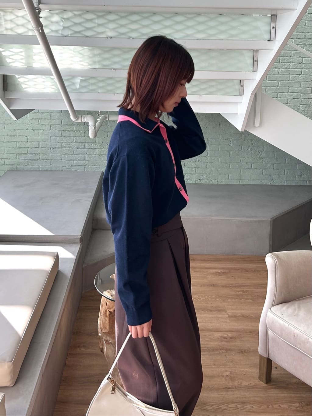 RINAさんの「OPAQUE.CLIP｜ダブルカラーポロ衿配色ニット【洗濯機OK】」を使ったコーディネート