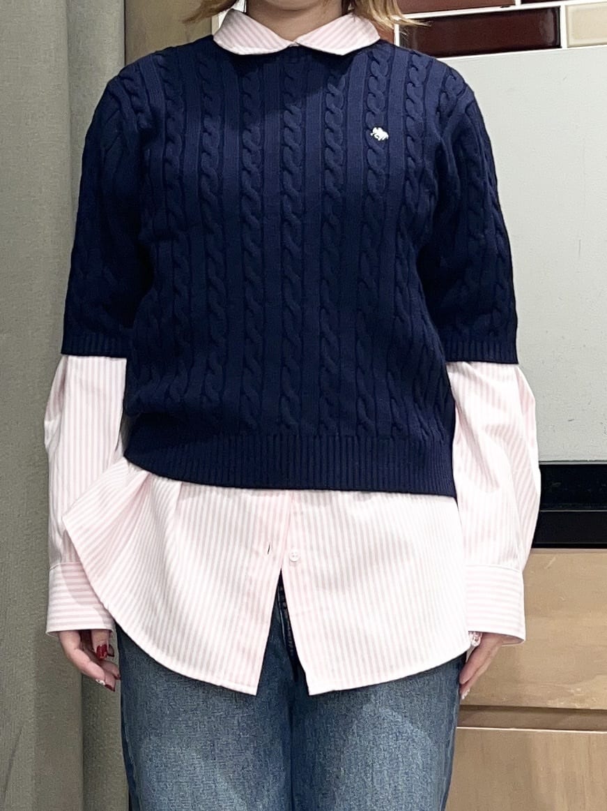 かのさんの「THE SHOP TK｜【POLO BCS 別注】5分袖ケーブルニット」を使ったコーディネート