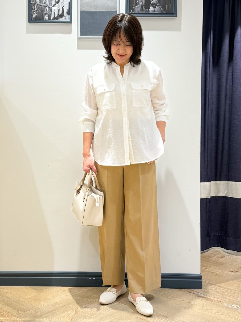 Lilyさんの「grove｜【洗える/お仕事にも】ウエストすっきりベルト付ワイドパンツ」を使ったコーディネート