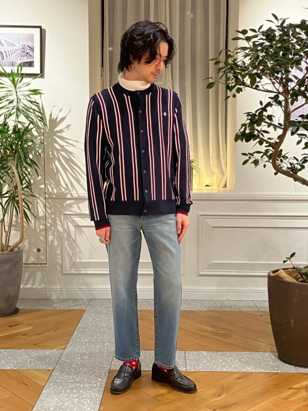 junyaさんの「DRESSTERIOR｜◆【ウォッシャブル】ウールレーヨン ストライプラウンドネックカーディガン」を使ったコーディネート