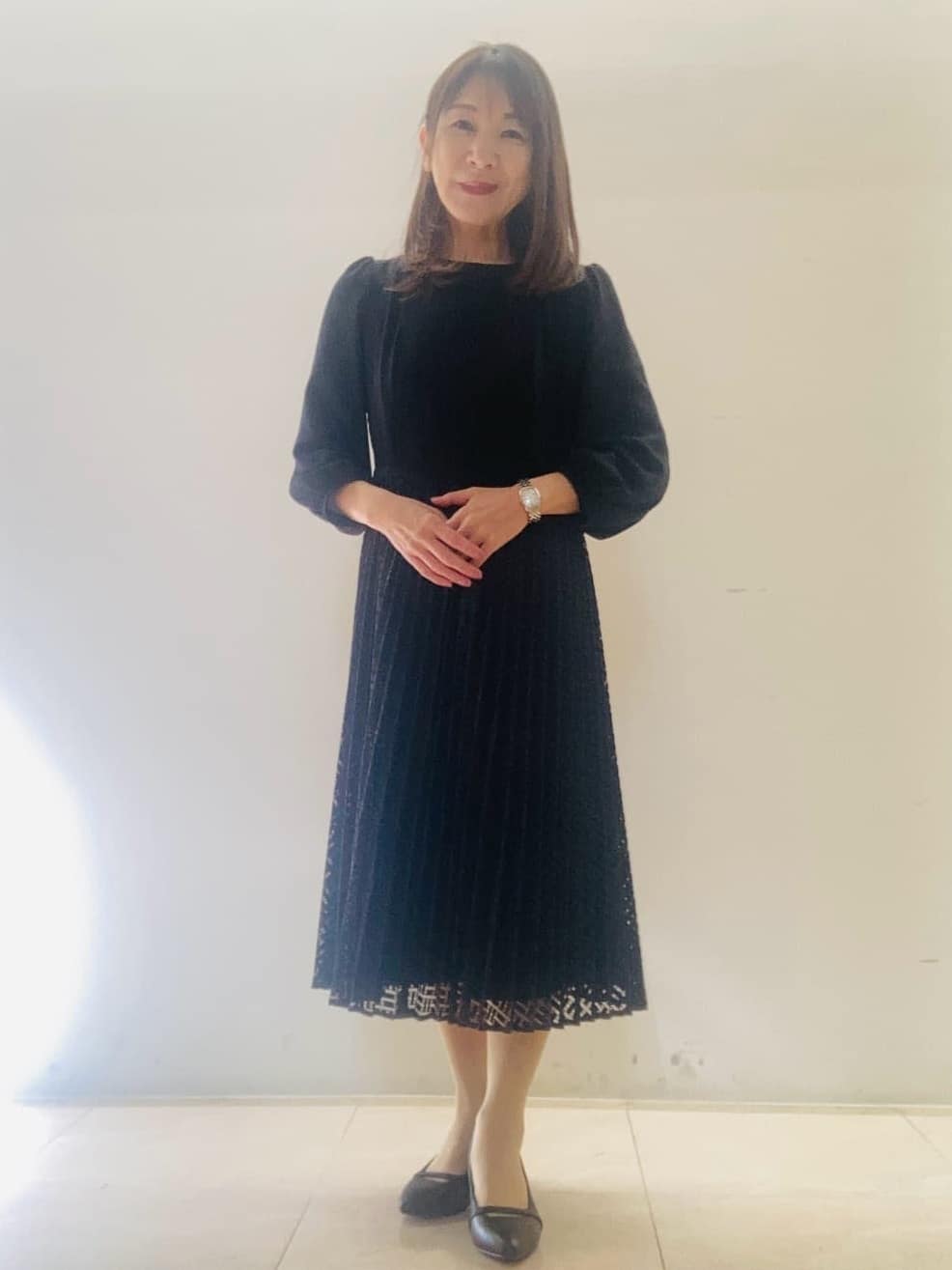kurodaさんの「Reflect｜【SS-4Lサイズ】シフォン&times;幾何柄レースプリーツワンピース」を使ったコーディネート