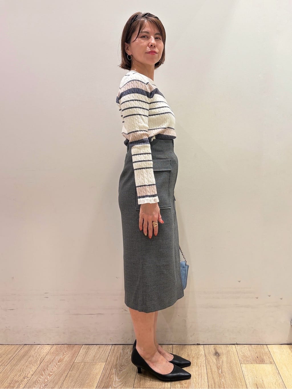 YUKOさんの「index｜ランダムボーダーケーブルニット【洗濯機OK／抗ピル】」を使ったコーディネート