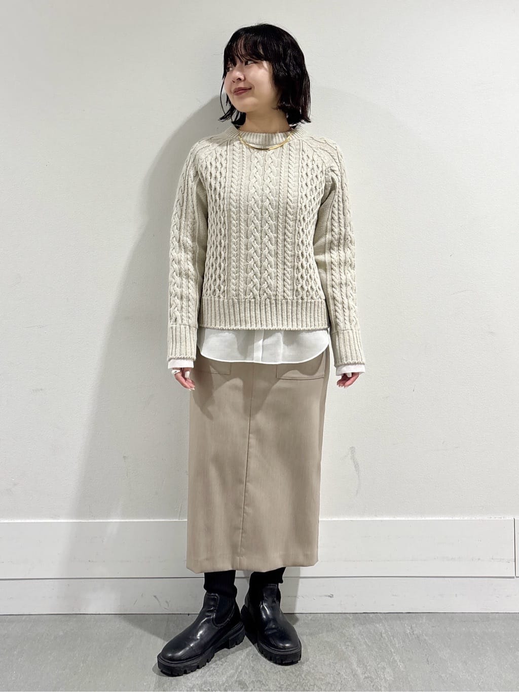モエカさんの「UNTITLED｜【洗える】スポンディッシュ ケーブル柄ニット」を使ったコーディネート