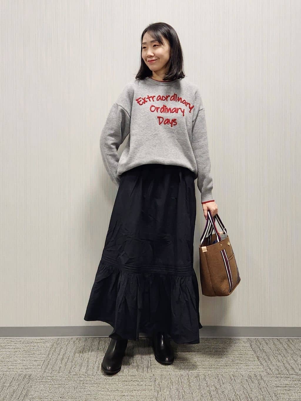 naraさんの「Dessin｜【洗える】ペイント風刺繍入り配色ラインニット」を使ったコーディネート