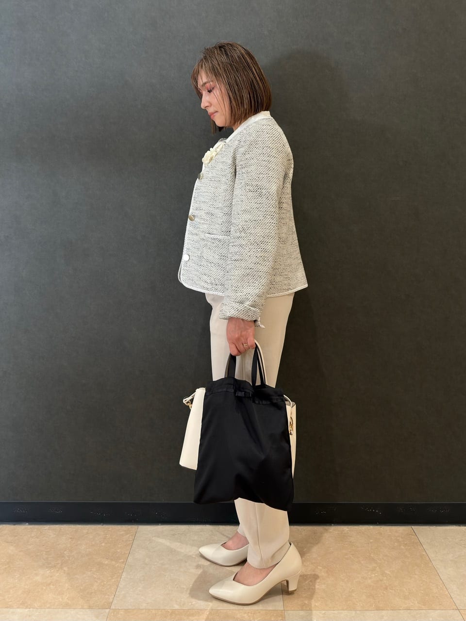 Megさんの「SHOO･LA･RUE｜【S-3L】オンとオフで印象が変わる ライトツイードジャケット」を使ったコーディネート