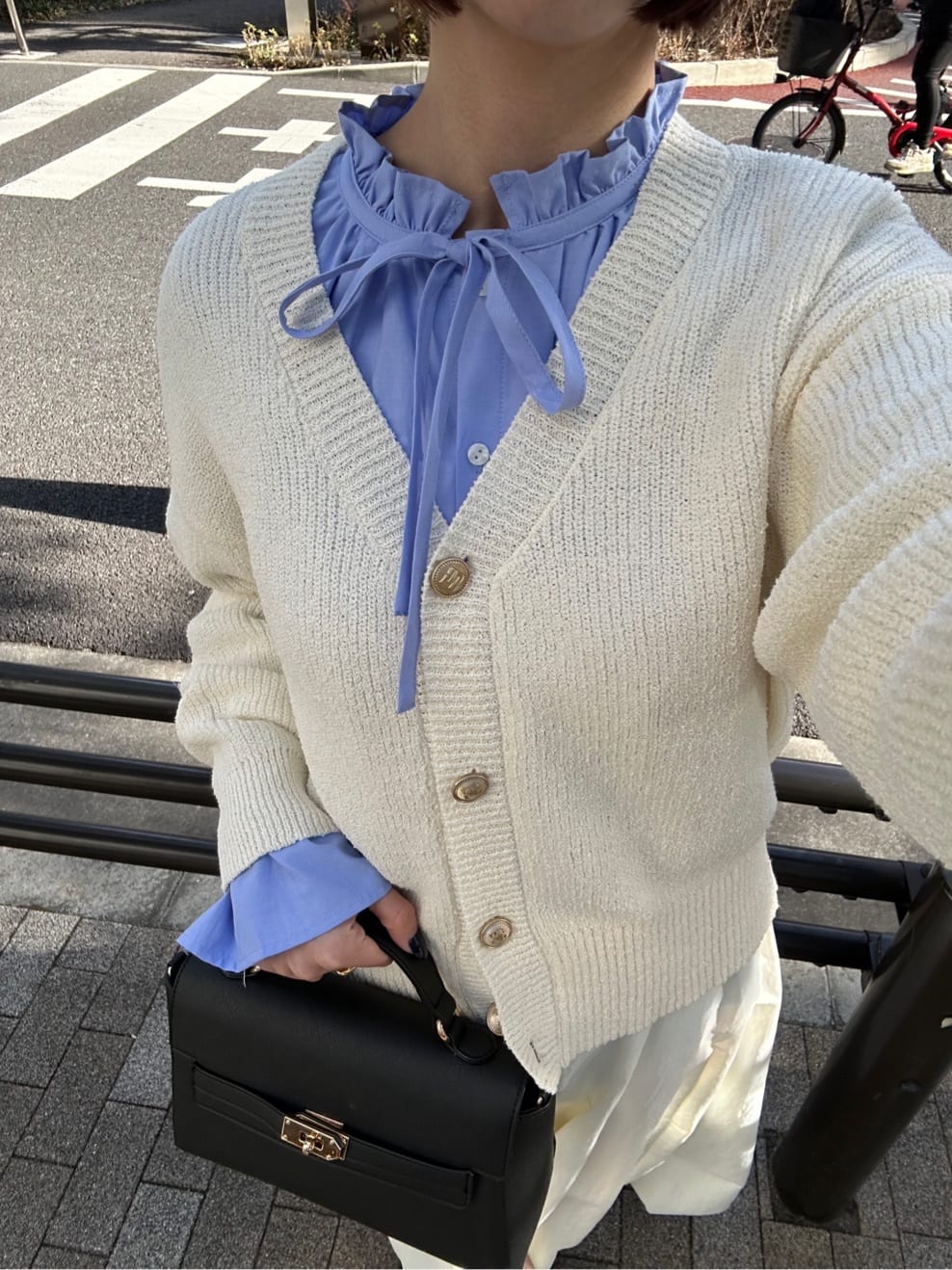 NATSUMIさんの「grove｜【コラボITEM】Philly Chocolate ブークレカーディガン」を使ったコーディネート