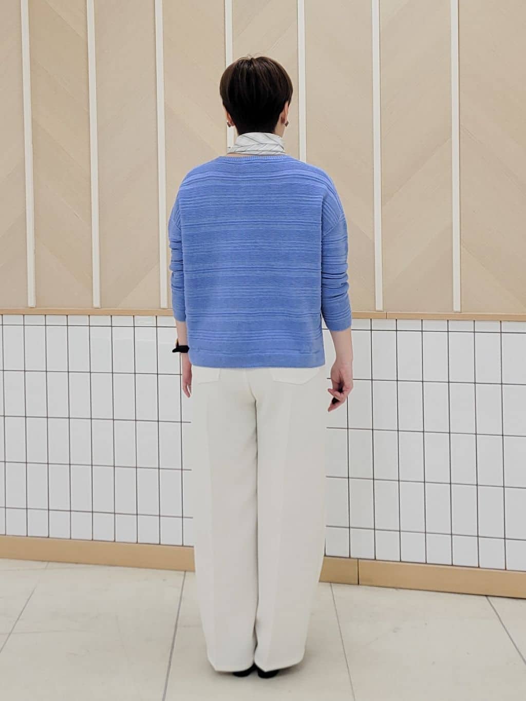 tomoさんの「COUP DE CHANCE｜【手洗い可／日本製／和紙使用】地柄ボーダーニット」を使ったコーディネート